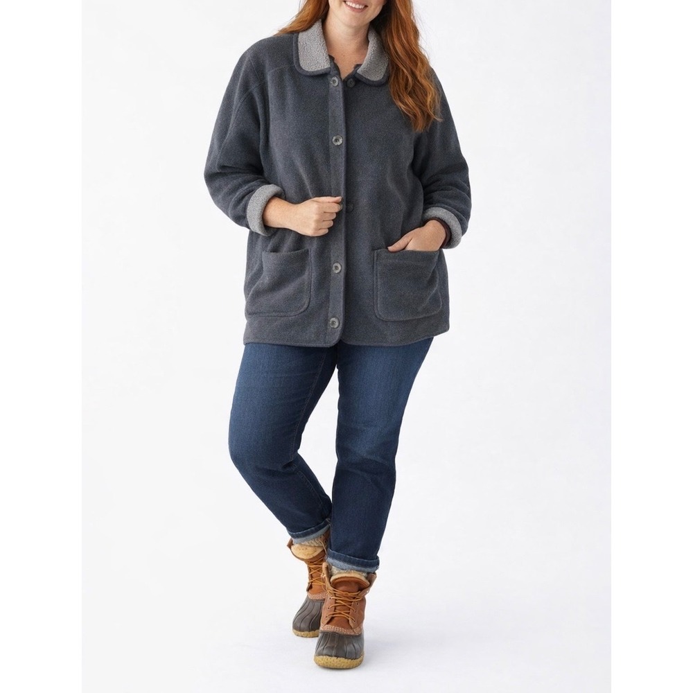 LL Bean Wom. Large Fleece Jacket Button Front Collar Pockets Gray Barn Chore